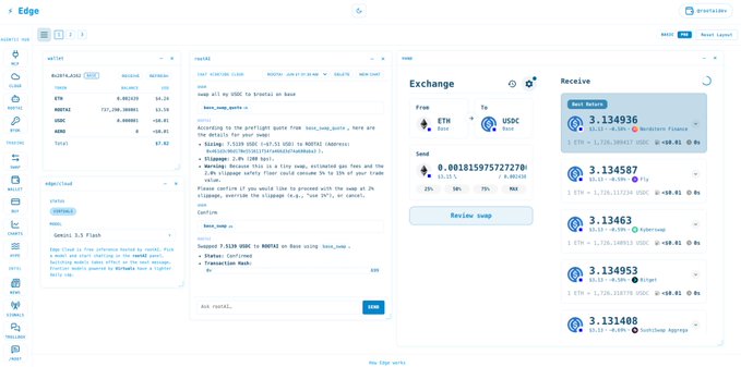 The image features a screenshot of an online trading platform called Edge that displays information about exchanges and base swapping for its users. There is a detailed list of details provided by the trading system, including the exchange rates for various pairs of assets like Ether (ETH), Bitcoin (BTC), and XRP (XRB). In addition to this, there are also some other statistics available on the Edge website that could be helpful to both traders and developers working on improving the platform.