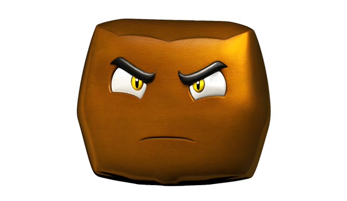 A 3D-rendered, glossy brown rock-like character with an angry expression, featuring furrowed black brows and yellow eyes.