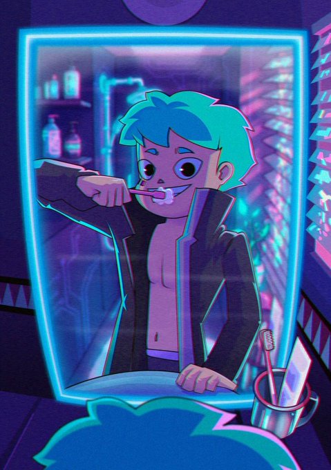 A cartoon character with bright teal hair and an open black jacket brushes his teeth in a neon-lit bathroom mirror, surrounded by a purple and blue cyberpunk aesthetic. The futuristic scene, paired with the post "Gvolt. First day in the city," suggests a fresh start in a vibrant, stylized urban environment.