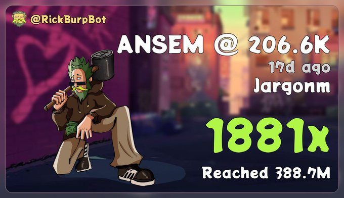 Promotional graphic for @RickBurpBot showing the character Ansem with stats: @206.6K, 17d ago Jargonm, 1881x, Reached 388.7M.
