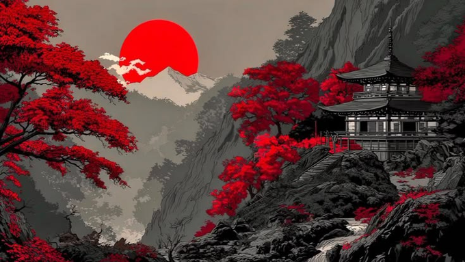 The image features a painting of a mountain landscape with a temple at its base surrounded by trees and rocks. The sun is setting behind the mountains, casting an orange glow over the scene. The painting has a black and white color scheme, which adds depth and contrast to the overall composition. The temple appears to be made of stone or wood, blending harmoniously with the natural surroundings. The image seems to be a part of a larger collection of artworks by @quipnetwork, as indicated by the text in the caption.