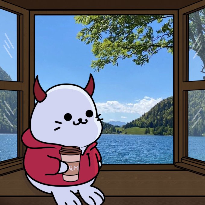 Cute cartoon illustration of a white cat-like character with small red horns wearing a red hoodie, holding a coffee cup by a window overlooking a lake and mountains.