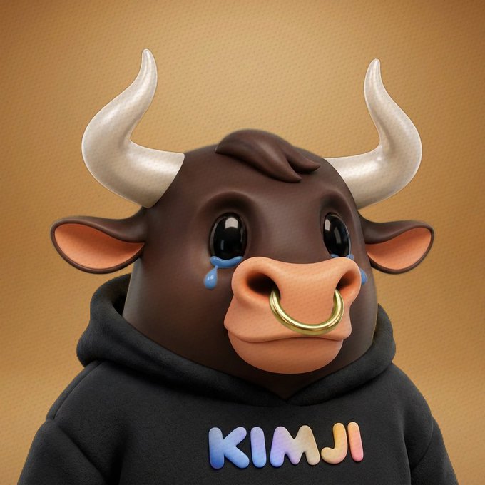 A 3D-rendered cartoon bull character with large horns, a nose ring, and cartoon tears wears a black hoodie with 'KIMJI' written in colorful letters.