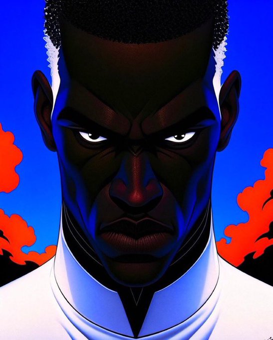 A stylized digital illustration of a stern-faced man with a high-top fade hairstyle against a blue background with red clouds.