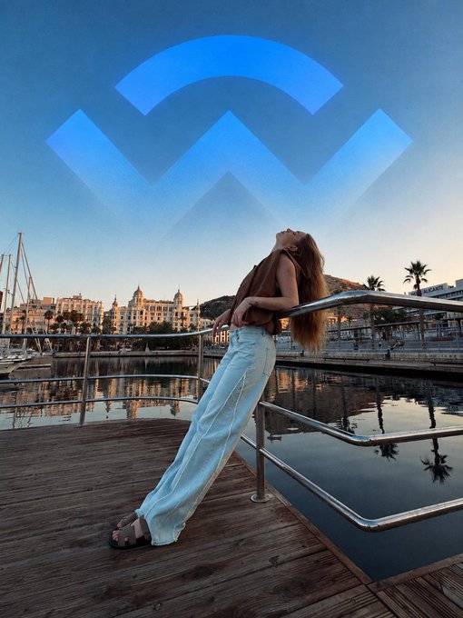 A photo of a woman leaning back against a railing at a marina at sunset, with a large blue Wave/WalletConnect-style logo overlaid on the sky.