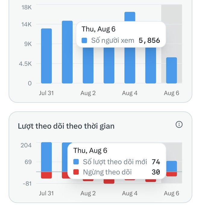 Vietnamese-language analytics dashboard showing view counts ('Số người xem') with 5,856 views on Aug 6, and follower tracking ('Lượt theo dõi theo thời gian') with 74 new and 30 unfollows.