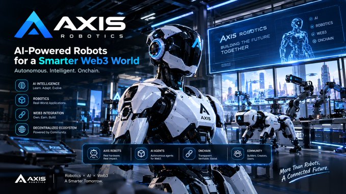 A promotional graphic for "AXIS ROBOTICS" shows a white humanoid robot in a futuristic setting, advertising "AI-Powered Robots for a Smarter Web3 World".