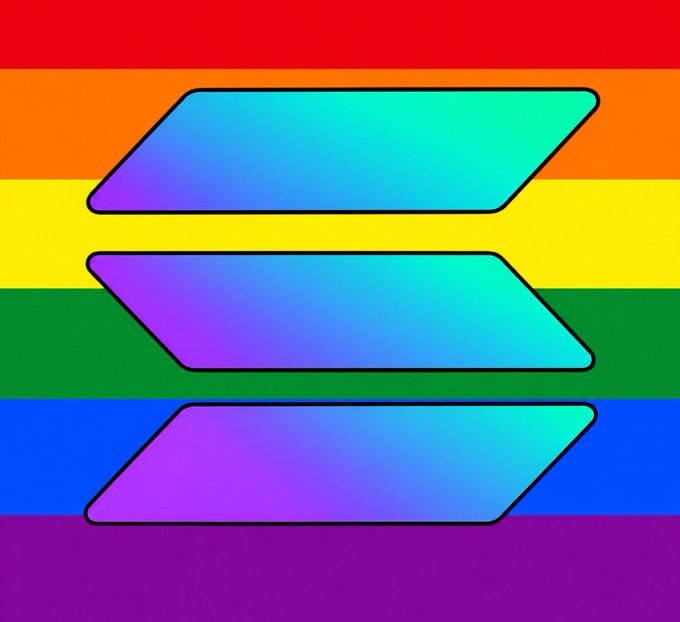 A digital graphic features three gradient-filled, tilted parallelogram shapes arranged in a stacked pattern against a horizontal rainbow-striped background in red, orange, yellow, green, blue, and purple.