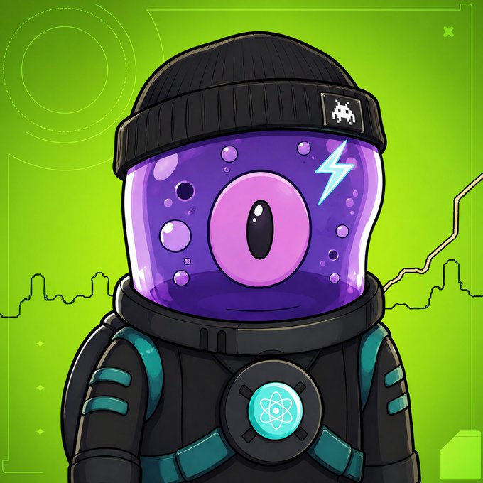 A cartoon character with a single large purple eye, wearing a black beanie with a space invader patch and a futuristic black and teal suit featuring an atomic symbol, set against a green background with UI elements and a cityscape silhouette—likely promotional artwork for the giveaway by @glorbiez.