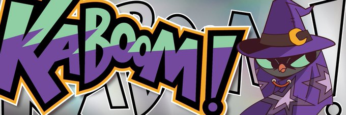 A colorful cartoon graphic with the word 'KABOOM!' next to a purple-clad character with glowing green eyes wearing a witch's hat.