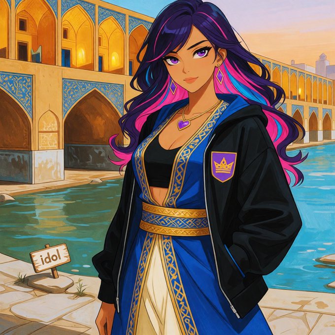 A purple-haired anime-style woman in a blue and gold traditional outfit layered with a black jacket stands before a Persian-style bridge, with a small sign reading "idol" beside her—matching the "IDOL64" community shoutout from the caption celebrating creators.