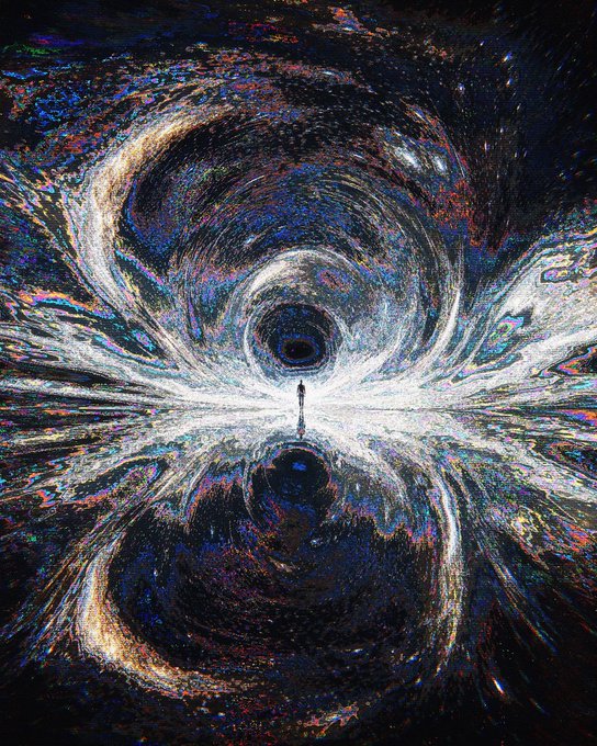 A surreal painting depicts a small figure standing before a massive, swirling cosmic vortex that resembles two large black holes surrounded by colorful nebulae and starry space.