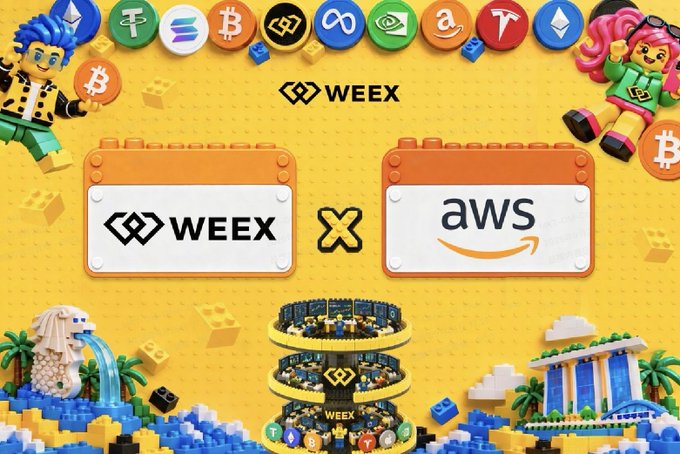 A colorful promotional graphic featuring Lego-style characters, cryptocurrency logos across the top, and a central 'WEEX X aws' (AWS) collaboration announcement with a Lego-built cityscape below.