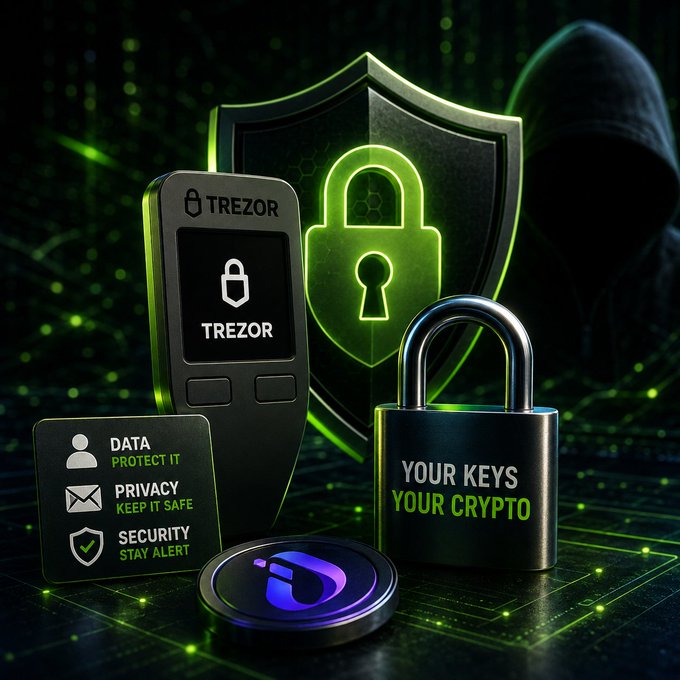 A promotional image for Trezor crypto hardware wallet, showing the device with a lock icon, a shield graphic, and text reading 'YOUR KEYS YOUR CRYPTO' alongside security tips.