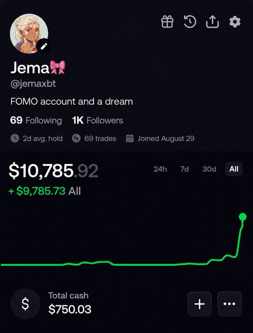 A profile screenshot of a trading account for user 'Jema' (@jemaxbt) showing a bio 'FOMO account and a dream', 1K followers, and an all-time profit of +$9,785.73 on $750.03 cash.