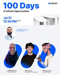 The image is a promotional poster for "MEXC 100 Days of Infinite Opportunities," airing July 31 at 12:30 PM (UTC), featuring speakers Edgar (Community Manager), Iris (CM/Content), and Rafa (Spanish-speaking host), alongside a reminder to join the upcoming Twitter Space about crypto investing—tying directly to the post's invitation to discuss crypto's role in the future of finance.
