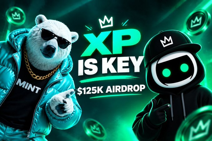 A promotional graphic with green and black theme showing "XP IS KEY" and "$125K AIRDROP", featuring a polar bear mascot in sunglasses and a hoodie character with crown logos.