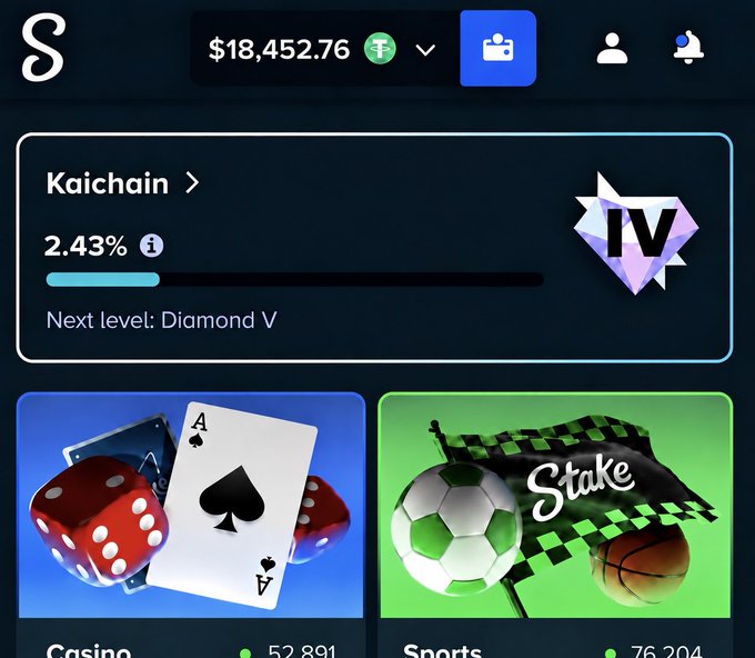 A screenshot of a gambling app interface displaying a balance of $18,452.76, a 'Kaichain' level at 2.43% with a 'Diamond V' badge, and tiles for 'Casino' and 'Sports' betting.