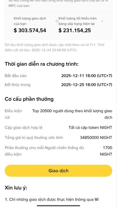 A screenshot of a cryptocurrency trading event in Vietnamese, detailing trading volumes, a timeline ('2025-12-11' to '2025-12-25'), and rewards in 'NIGHT' tokens with a yellow 'Giao dịch' (Trade) button.