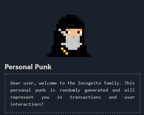 A screenshot of a digital profile for a 'Personal Punk' avatar on the Incognito platform, with text welcoming the user to the Incognito family and explaining the punk's role in transactions.