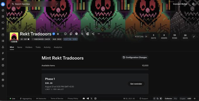 An OpenSea NFT collection page for 'Rekt Tradoooors' with a mint price of $35.28, showing 1,554 minted items and a countdown timer indicating 2 days until minting ends, with 3 days, 56 hours, and 20 seconds remaining.