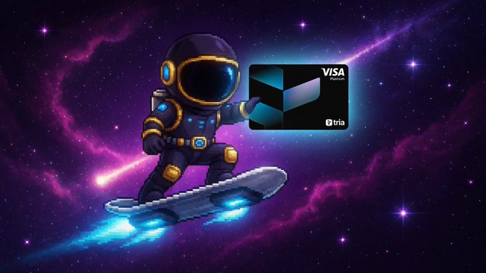 The image features a cartoon character, likely an astronaut or space explorer, riding a skateboard through outer space while holding a Visa card. The character appears to be floating above a purple nebula with stars scattered throughout. In the background of the image, there is text that reads "Exploiting all the points opportunities in the @useTria Season 3 ecosystem to secure the monthly mystery box prize ladder Here are the tactical calculations I'm currently executing to pursue the highest box tier: 1 : Use your Signature Card to earn one point five points for". This suggests that the character is using their signature card as a means of accumulating points, which can be used towards winning the top prize in the mystery box.
