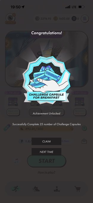 Mobile game achievement screen showing 'Congratulations! Challenge Capsule for Breakfast - Achievement Unlocked' after completing 25 of 500 challenge capsules, with Claim and Start buttons.