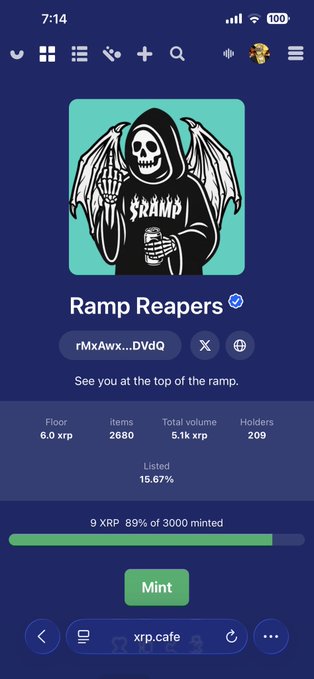 A mobile screenshot of the 'Ramp Reapers' NFT collection on xrp.cafe, showing a floor price of 6.0 xrp, 2880 items, and a 'Mint' button.