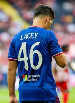 A footballer wearing a blue jersey with the name "LACEY", number "46", and "Microsoft Surface" sponsor logo on the back stands on a pitch.
