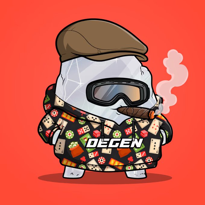 A cartoon egg character wearing a brown cap, ski goggles, and a "DEGEN" hoodie patterned with playing cards, dice, and poker chips, casually smoking a cigar. The image visually embodies the "degen" lifestyle referenced in the caption—embracing crypto/gambling culture with nonchalance despite tough market conditions.