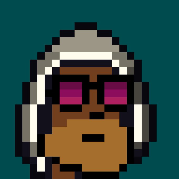 A pixel art portrait of a hooded character with purple eyes against a teal background.
