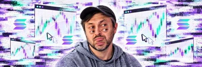 A man in a gray hoodie and dark cap looks off to the side with a skeptical or contemplative expression against a vibrant purple and teal background featuring Solana logo patterns and trading chart windows with cursor arrows, suggesting a cryptocurrency context for the $ANA2LY token banner on Moby.