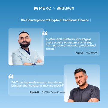 A MEXC × Kraken branded graphic featuring quotes from Viqas Ual (CEO of MEXD) and Arjun Sethi (Co-CEO of Payward/Kraken) discussing retail-first trading platforms and the convergence of crypto and traditional finance under the headline "The Convergence of Crypto & Traditional Finance," aligning with the post's themes of connected, accessible financial infrastructure at #TOKEN2049.