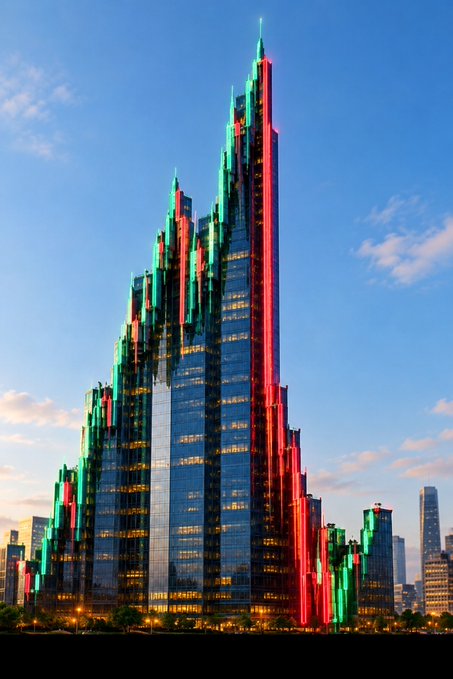 A majestic skyscraper illuminated in vibrant red and green LED lights stands tall against a twilight sky, symbolizing bullish and bearish market momentum. The bold display mirrors the volatile nature of the $HOLO chart, reflecting the sharp price swings that have caught the attention of traders warning about deceptive influences.