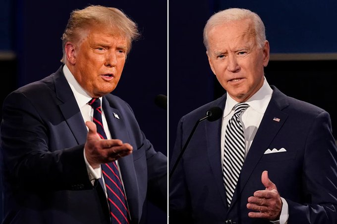 The image shows Donald Trump and Joe Biden side-by-side at podiums during what appears to be a debate setting, which relates to the accompanying post about a memecoin ($LAPTOP) tied to Biden's son, framed alongside similar political memecoin hype to "TRUMP" tokens that supposedly gained 100x. The juxtaposition of the two political figures visually reinforces the post's promotional narrative tying cryptocurrency speculation to partisan political figures.