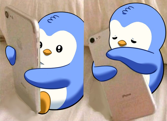 Two side-by-side images of a cute blue penguin character hugging a white iPhone against a beige fabric background.