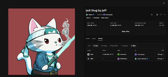 A screenshot of an NFT marketplace listing for "jedi thug by jeff" by Piggycat, showing a cartoon cat dressed as a Jedi wielding a green lightsaber, with an activity log indicating the NFT was sold for 2,150 HYPE (~$154K) to user mikevalenine, matching the reported sale of this rare Hypurr NFT created by Jeff.