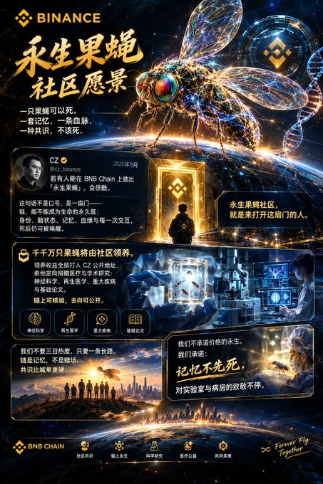 A Binance promotional poster titled '永生果蝇社区愿景' (Immortal Fruit Fly Community Vision) features CZ and text announcing a leadership role within the BNB Chain community.