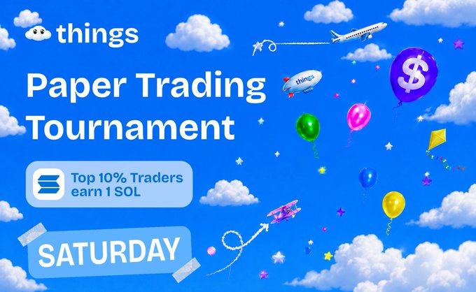 The image features a poster for an event called "Paper Trading Tournament" that takes place on Saturday, July 13th at 2:00 pm. The poster includes various objects such as balloons, airplanes, kites, and stars, which are all related to paper trading. There is also text in the image that reads "Test your trading skills here and win 1 solana. Join the paper trading tournament." This suggests that participants can test their trading skills by using a virtual currency called Solana during the event. The poster aims to attract attention and encourage people to join the competition, possibly for a chance to win Solana or other prizes related to paper trading.