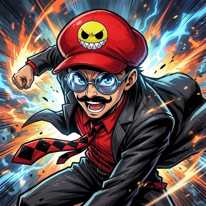 A dynamic anime-style illustration shows a mustachioed man in round glasses, a red cap with an angry face logo, and a black suit with a red-and-black checkered tie, lunging forward amid fiery energy and lightning.