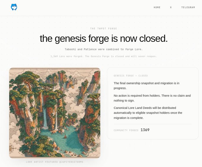 A website screenshot announcing 'the genesis forge is now closed' for 'THE TWQRT FORGE,' featuring an illustration of a lush mountain landscape with a waterfall by @jupiterstorms and noting that 1,369 Lore were forged.