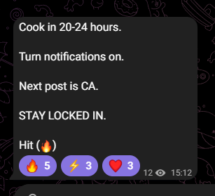 A mobile poll message reading "Cook in 20-24 hours. Turn notifications on. Next post is CA. STAY LOCKED IN. Hit" with 5 fire, 3 lightning, and 3 heart reactions.