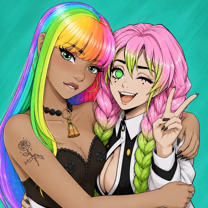 Anime-style illustration of two girls with colorful hair (one rainbow, one pink and green) posing together, one flashing a peace sign.