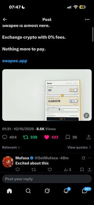 Mobile X app screenshot of a post by Swapee announcing their crypto exchange platform with 0% fees, promoting swapee.app.