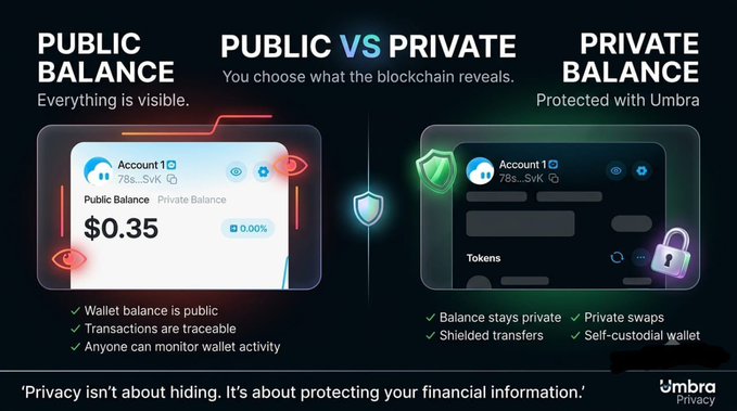 The image contrasts "Public Balance" (where everything is visible, showing $0.35 for Account 1 with 78k SVK) versus "Private Balance" (protected with Umbra, featuring shielded transfers, private swaps, and self-custodial wallet), illustrating the difference between transparent blockchain transactions and privacy-protected alternatives. It reinforces the post's point about the public ledger by visually demonstrating how wallet balances and transactions are normally exposed to anyone monitoring activity.
