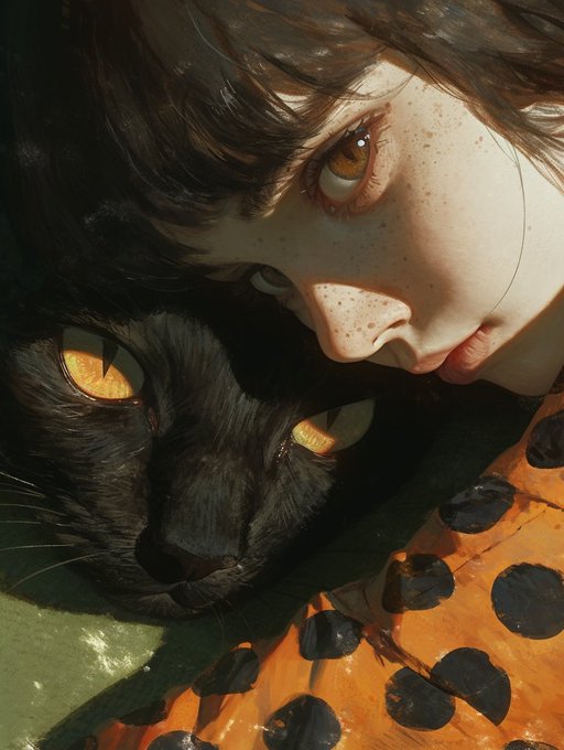 A detailed digital illustration shows a young woman with freckles, golden eyes, and dark hair resting her head close to a black panther with glowing yellow eyes, set against an orange and black polka-dot pattern.