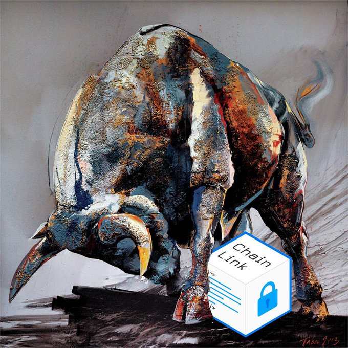 An artistic, painterly illustration of a bull with smoky, earthy tones, overlaid with a blue and white Chainlink (LINK) cryptocurrency logo in the bottom right corner.