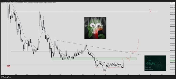 A TradingView chart shows DOGE/USD on the daily timeframe with a "Head & Shoulders, Bearish · 4H" pattern indicator displaying -361.5% on the right panel, overlaid with a cartoon image of Pepe the Frog, humorously linking the bearish technical analysis to the $PEPE meme token theme.