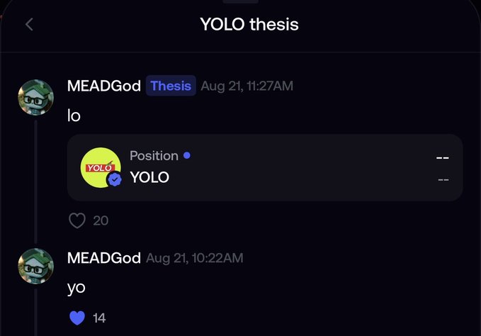 A Discord chat screenshot titled 'YOLO thesis' where user 'MEADGod' posts the messages 'lo' and 'yo' in a thread about the 'YOLO' Position.