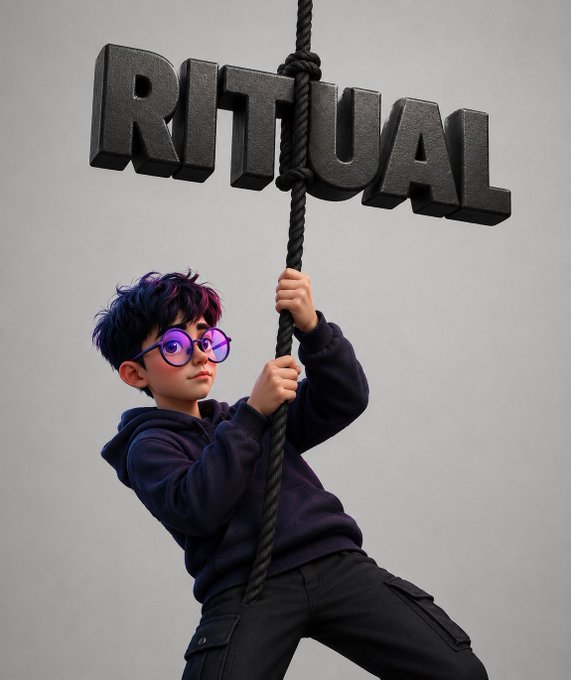 A young man with purple hair and glasses hanging from a thick black rope beneath the word 'RITUAL' rendered in large 3D black letters.